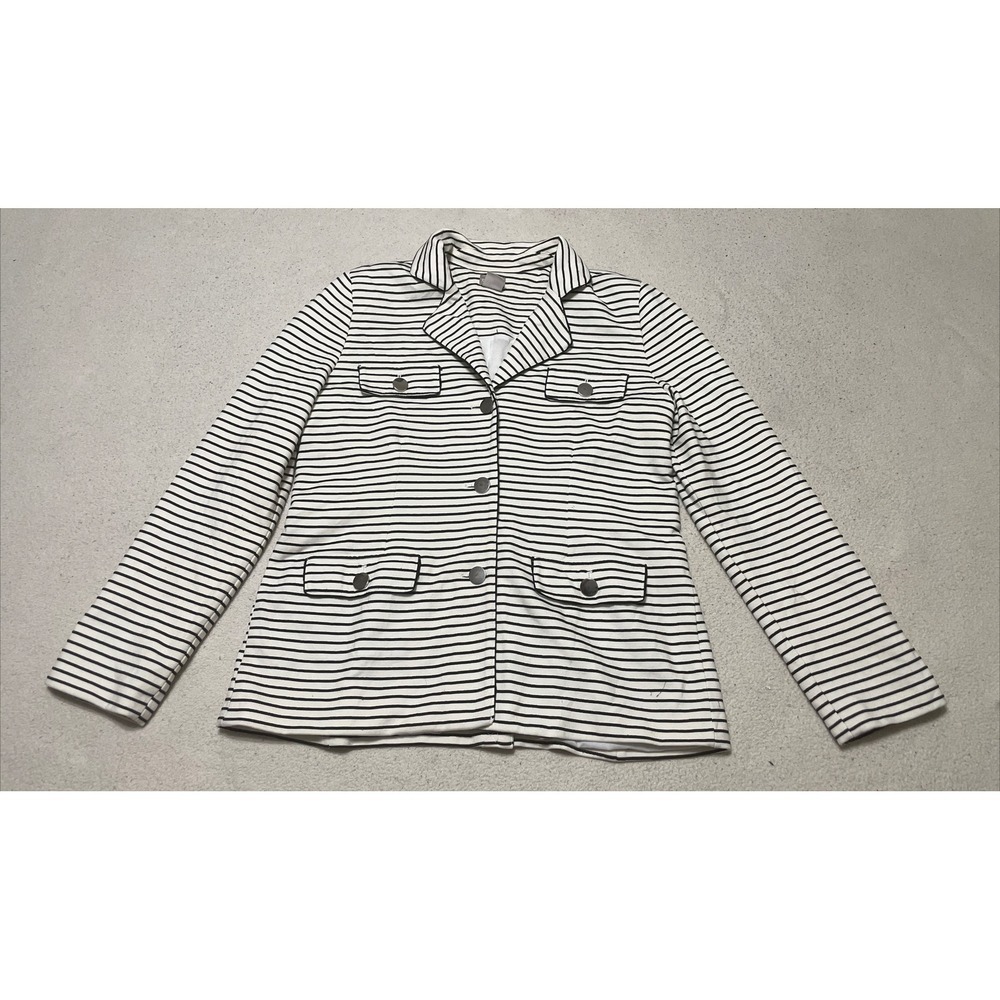Chicos Jacket Women's Small 0 White Long Sleeve Striped Lined Button Up Coat 4/6